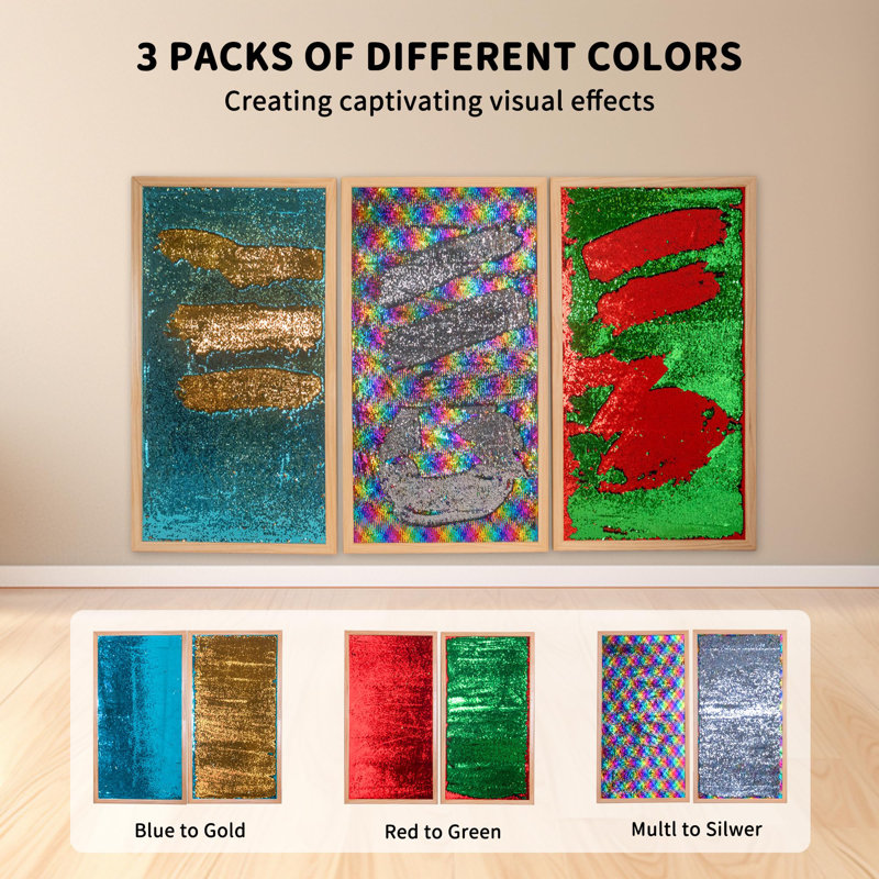 3-Piece Reversible Sequin Sensory Wall Panels with Wood Frame – Interactive Toy for Kids Rooms, Classrooms, and Therapy Room Decor