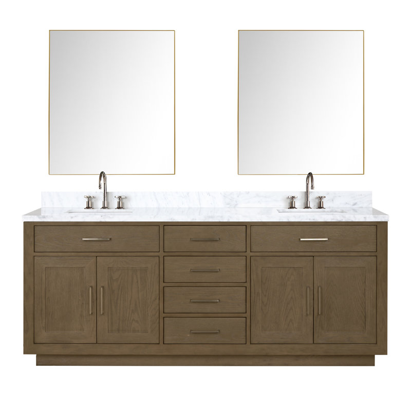 Ensemble de meuble-lavabo double 80 "avec miroir, Chêne gris, Marbre de Carrare blanc