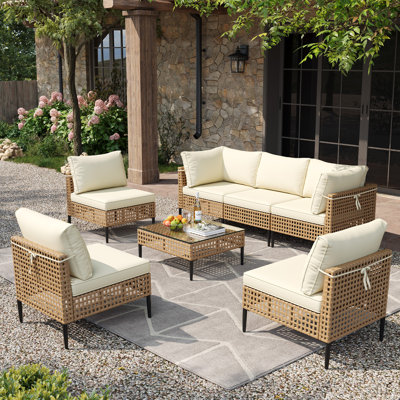 7-Piece Handwoven Wicker Patio Conversation Set with Cushions, 6-Person Modular Outdoor Sectional