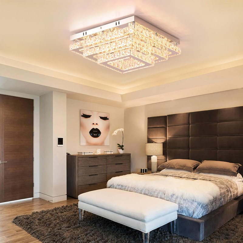 Modern Led Crystal Ceiling Light Three-tier Square 6500k 4880lm Suitable For Living Room, Bedroom, Kitchen, Balcony, Basement And Office 14.6-inch Ceiling Base (non-dimmable)