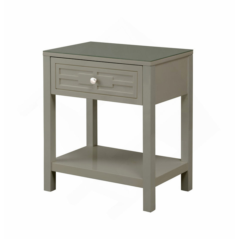 Table de chevet 23 po en bois taupe avec plateau en verre et tiroir