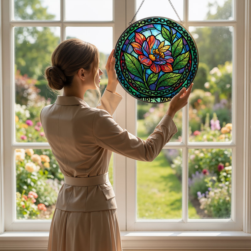 7.8"H Floral Bee Stained Glass Window Panel, 7.8" H x 7.8" W
