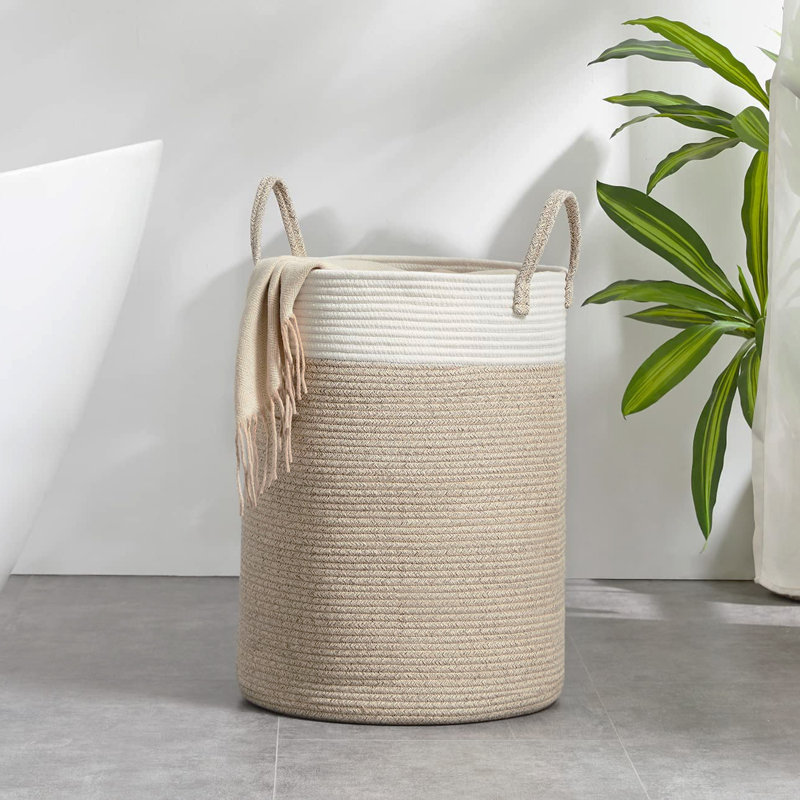 Fabric Laundry Basket with Handles, White/Brown