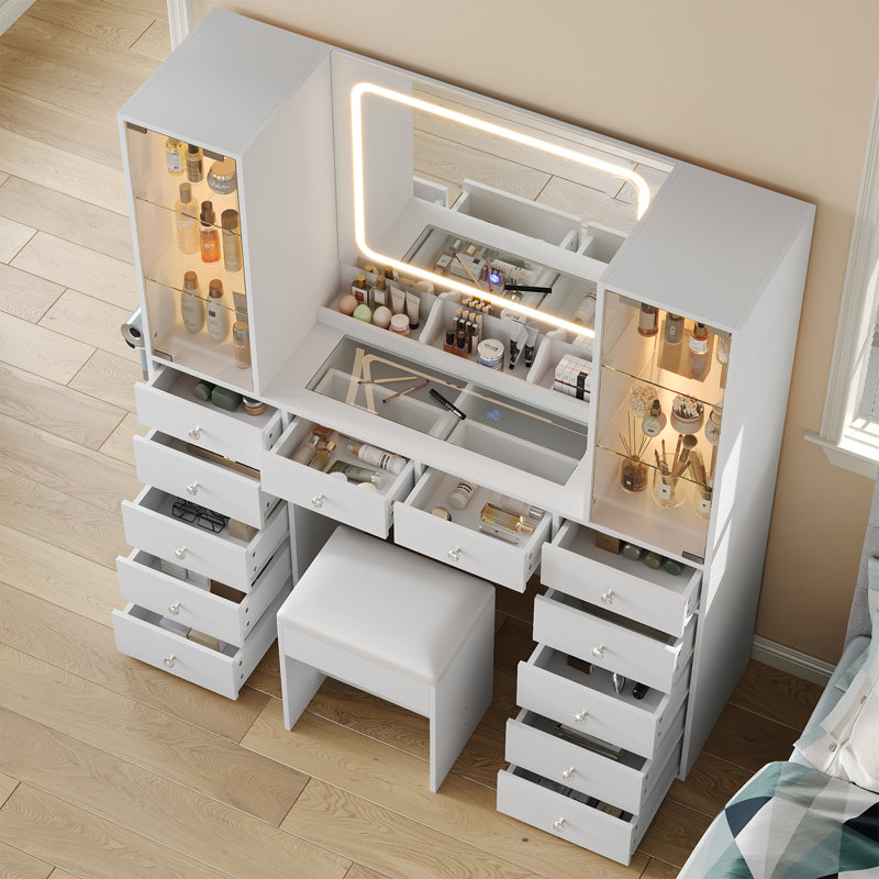 Dressing Table With 12 Drawers And 2 Large Storage Cabinets, Adjustable Glass Shelf, Glass Top, Mirror, Power Outlet, Stool Included