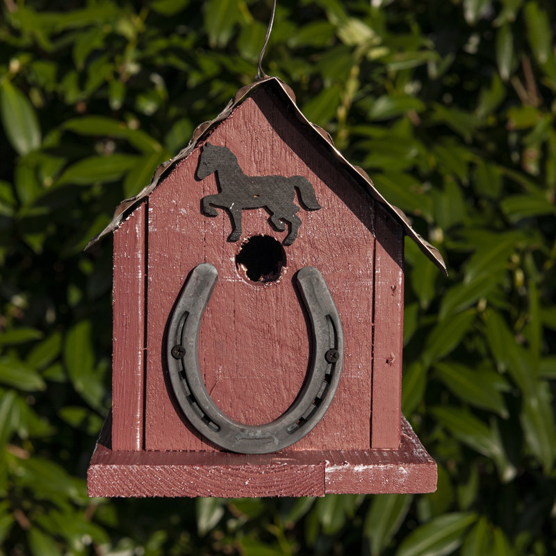 Red Reclaimed Barn Wood and Metal Horseshoe Birdhouse