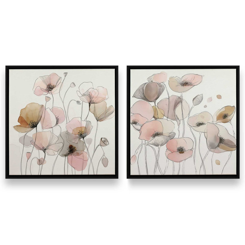Blush Meadow Blooms, ensemble de 2 impressions, 16 po x 16 po, Cadre flottant noir satiné