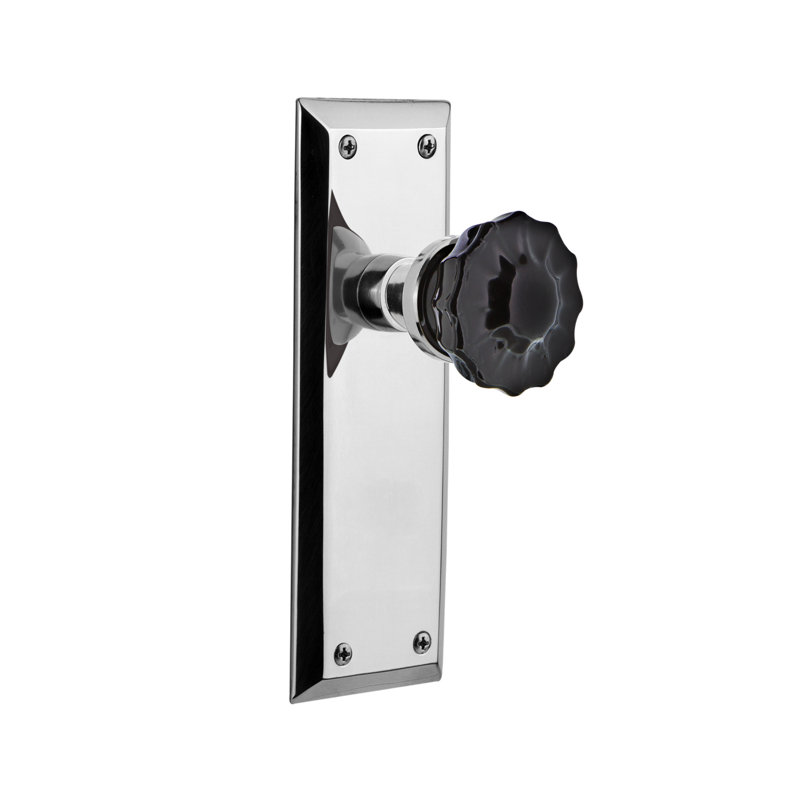 New York Plate with Crystal Black Door Knob, Bright Chrome