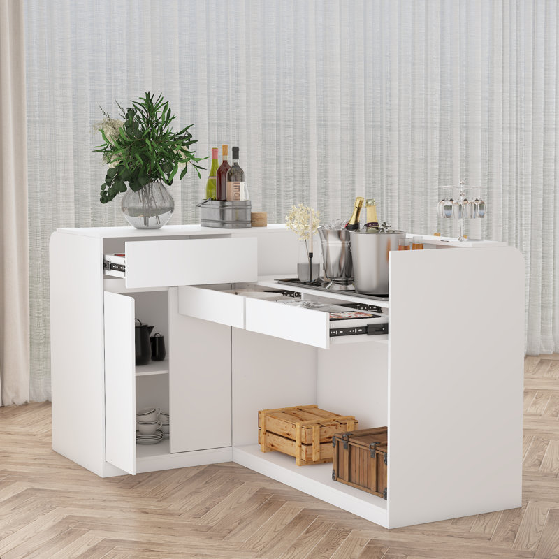 Armoire de bar en L 70,9 po avec tablettes à 16 niveaux et tiroirs , Blanc
