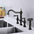 Bridge Dual Handles Kitchen Faucet With Pull-Out Side Spray, Matte Black, Brass, Rust, Corrosion And Leak, 360-Degree Rotating Nozzle Black Spray Faucet, Handles, Corrosion, Leak-, Coincident