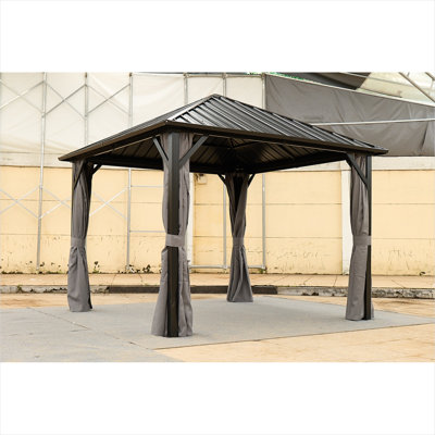Deep Black Round Hardtop Gazebo with Galvanized Steel Double Roof for Year-Round Patio Shelter