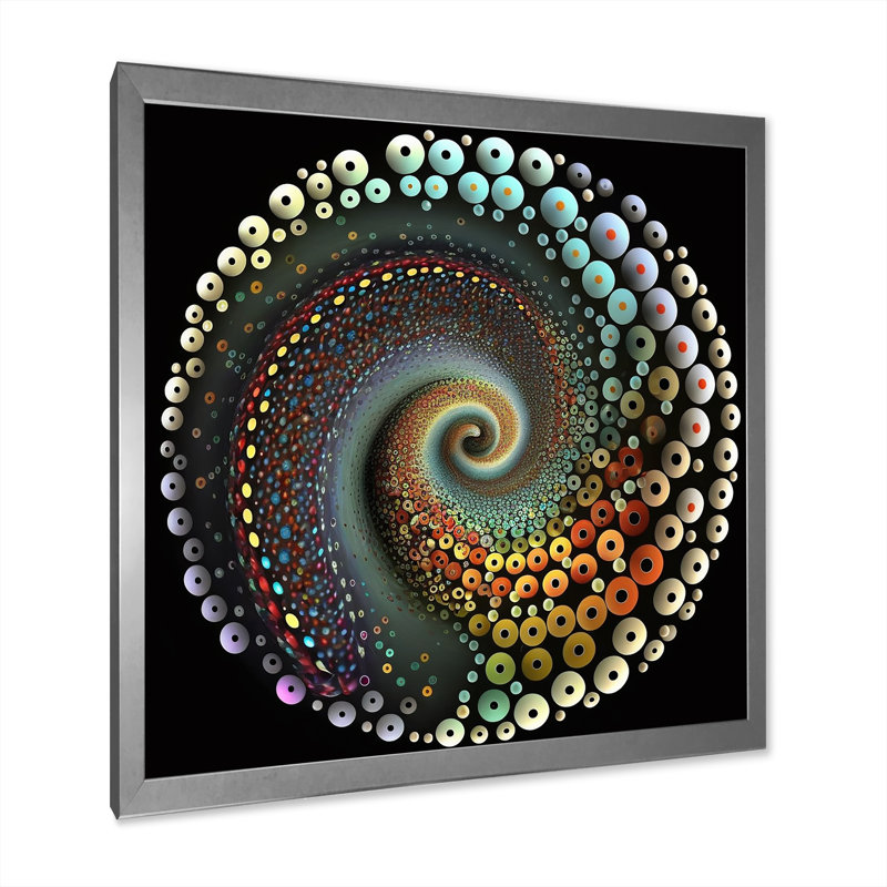Iridiscdent pointillisme spirale rétro arc-en-ciel, H 16 po x l 16 po x P 1 po, Cadre simple argenté