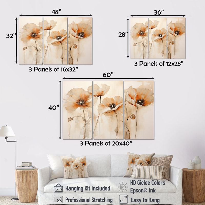 «Blossoms Of Grace Minimalisme Poppies IV», ensemble d'art sur toile coquelicots, Toile tendue, H 28 po x l 36 po x P 1 po