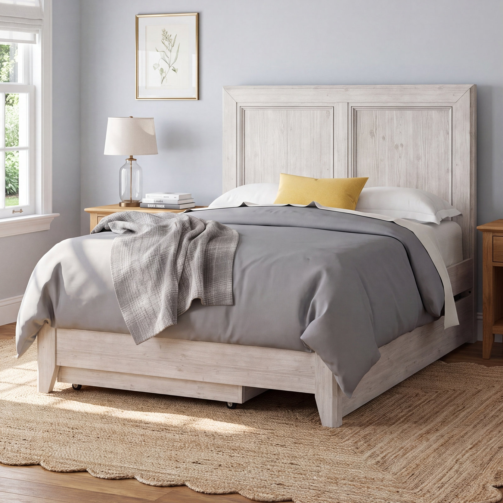 Jemma Solid Wood Panel Bed, Washed Linen, Full