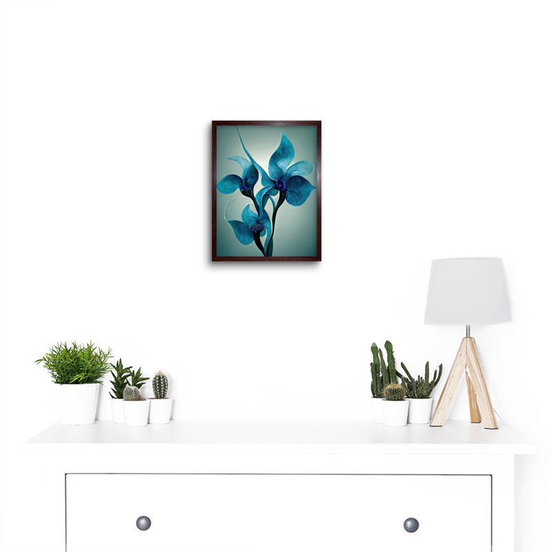 Elegant Teal Blue Orchid Flowers - Print, Brown Framed Paper, 25.9cm H x 20.6cm W