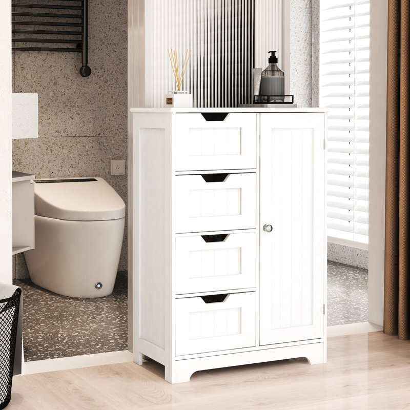 White Freestanding Cabinet For Bathroom - 4 Drawers And 1 Door With Adjustable Shelves Optimal Storage A Practical