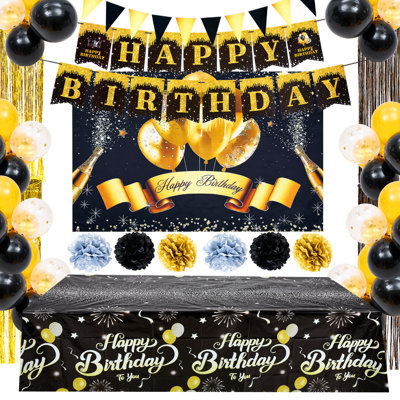 Black Gold Birthday Decorations 120 PCS, Party Supplies Kit with Banner Balloons Tablecloth Backdrop for Men Women