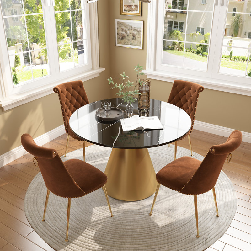 Magallanes 4-Person Round Marble Table Velvet Chairs Dining Set, Black, Coffee