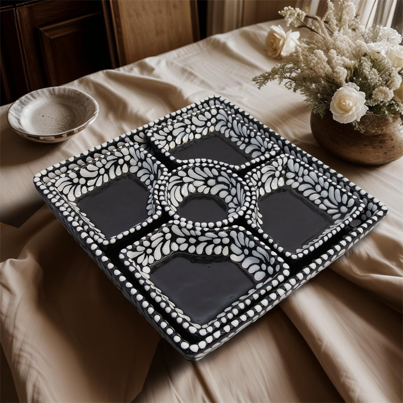 High Quality Talavera Dish With Small Separate Plates In Black/white