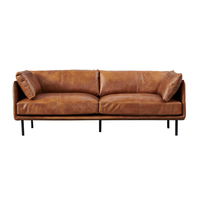 84'' Genuine Leather Tuxedo Arm Sofa, Light Brown Genuine Leather