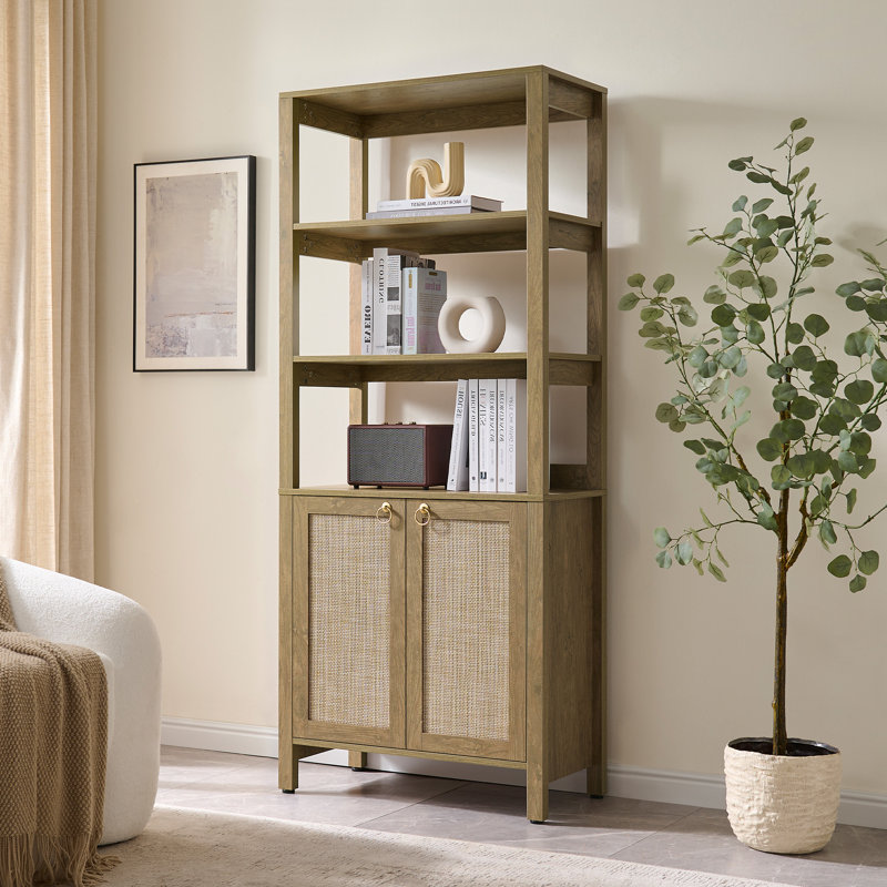 68.5''H Boho - Inspired Rattan Bookcase With Adjustable Shelf And Gold Accents, Cherry