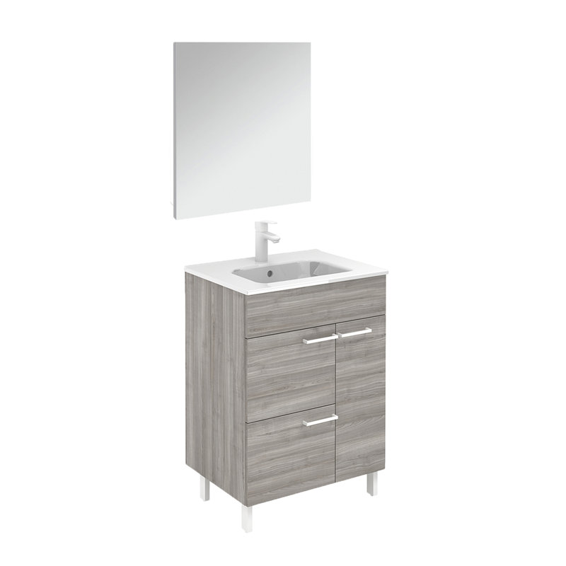 23.6'' Single Bathroom Vanity with Ceramic Top with Mirror, Sandy Gray