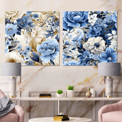«Blue and White Exotic Floral Canvas», ensemble d'art mural sur toile à motif floral