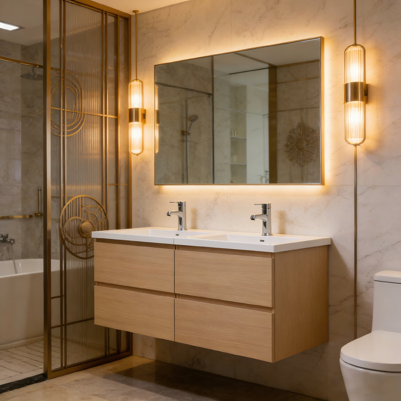 48" Modern Wall-mount Double Sink Bathroom Vanity With Resin Top, Faucet, Floating Cabinet, Natural