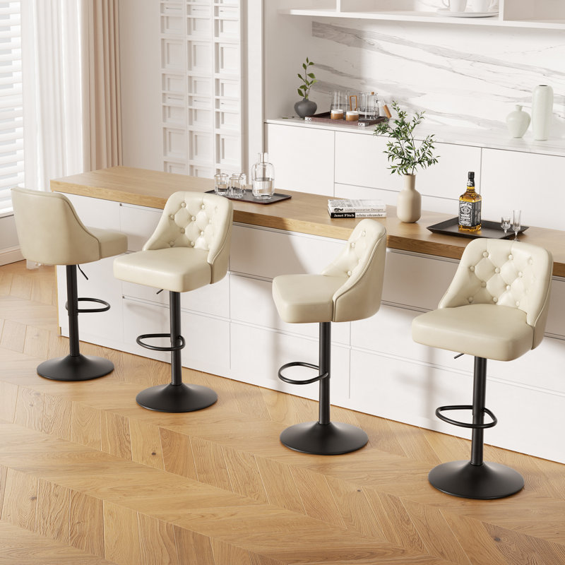 360-Degree Rotatable Faux Leather Bar Stool With Button Stitching, Beige, 4