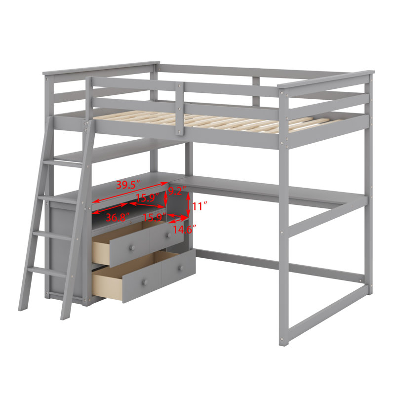 Lit mezzanine avec bureau et tablettes, tiroirs, gris, Lit double