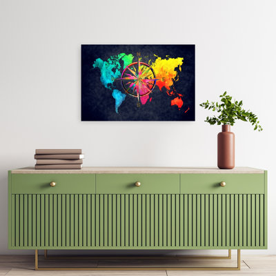 Colorful World Map Compass Colorful Contemporary Wall Art Print 1 Piece Wrapped Canvas Wall Art