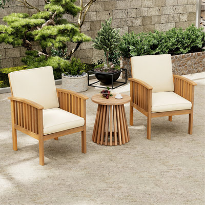 Ensemble de patio Ensemble de meubles d'extérieur en bois d'acacia - Ensemble de conversation moderne avec fauteuil et table d'appoint pour jardin, patio et terrasse (patine brune + coussin crème)