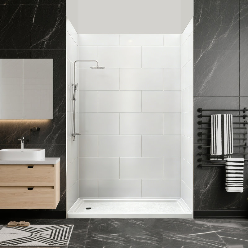 60" W x 32" D x 80" H 3-Piece Glue Up Shower Wall Panel Surround Kit,White Large Staggered Brick Textured Shower Panels,Modern Acrylic Shower Surround,Quick Install Trimmable Bathroom Backsplash,1/8" (2.8mm) Thick
