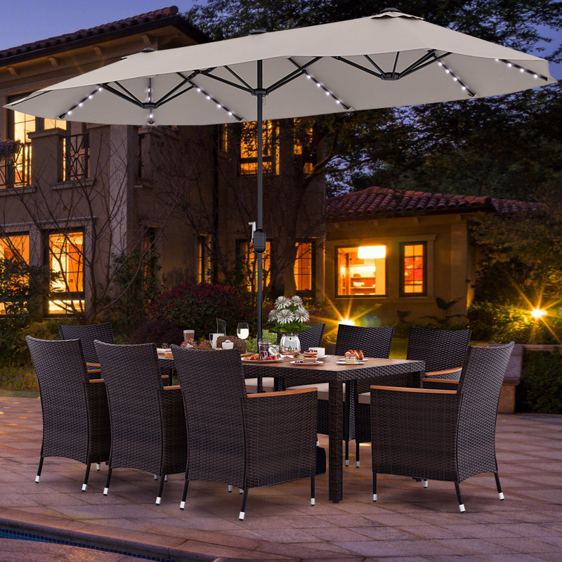 Ensemble 11 chaises de table de salle à manger de patio avec parasol et base, Beige, Brun