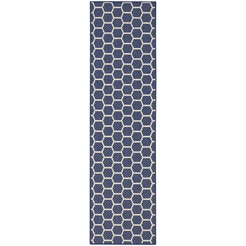 Kurmanbek Geometric Reversible Indoor / Outdoor Area Rug in Navy, Runner 2'2" x 8'