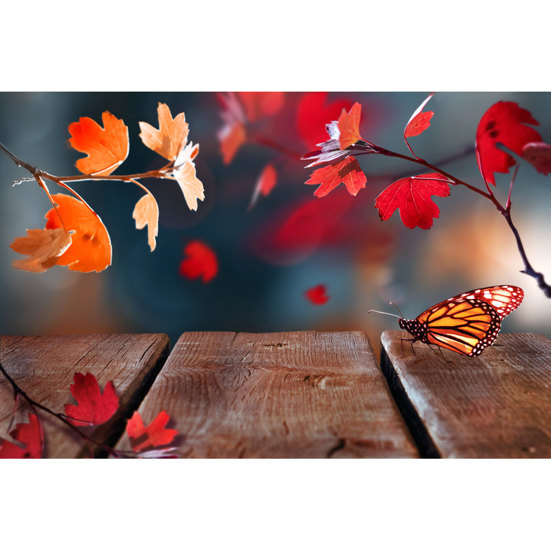 Eliada Red Leaves and Butterfly in the Autumn Forest 1 Piece Wrapped Canvas Wall Art, 61cm H x 91cm W x 3.8cm D