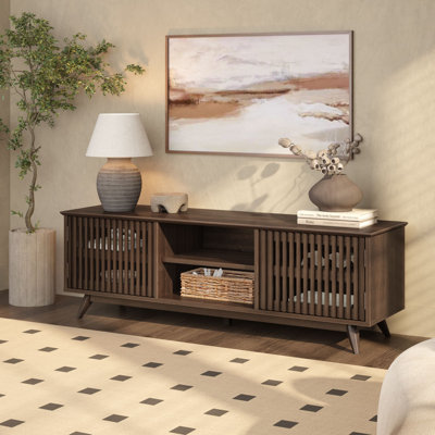 Meuble télé Mid-Century moderne en bois massif, 2 portes avec tablette centrale (1495 x 406 x 482 mm / 59 x 16 x 19 po)