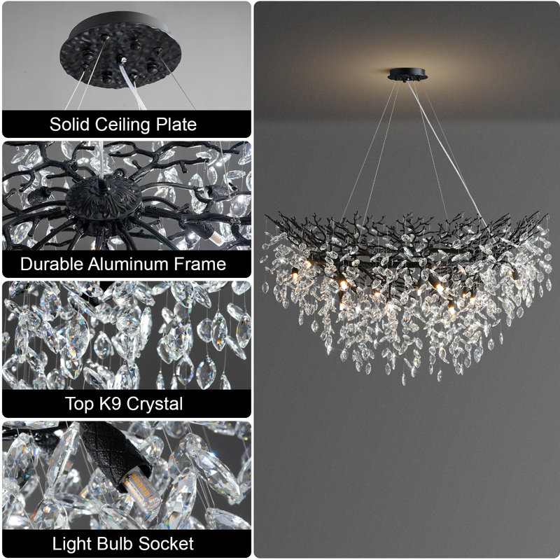 Paree Dimmable Crystal Chandelier, Matte Black, 27.56" H x 39.37" W x 39.37"D