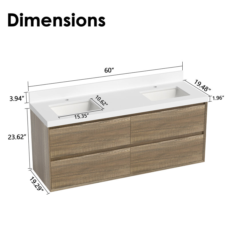 Meuble-lavabo double 60 po avec comptoir en quartz blanc et lavabos, 60