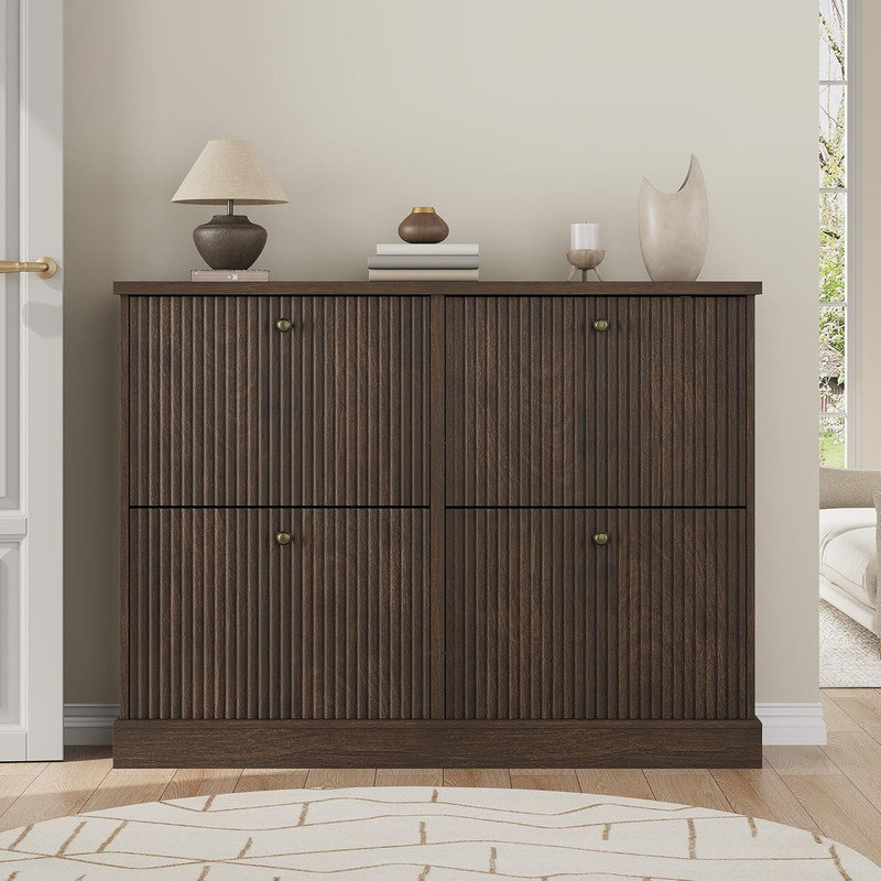 Fluted Shoe Cabinet with 4 Flip Drawers, Narrow Wooden Shoe Organizer with Adjustable Shelves for Entryway, Dark Brown Wood