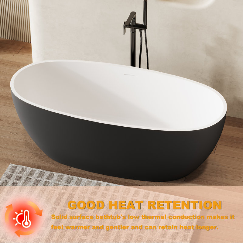 55 In. X 30.7 In. Solid Surface Freestanding Flatbottom Soaking Bathtub With Drain In Black And White, Black/White