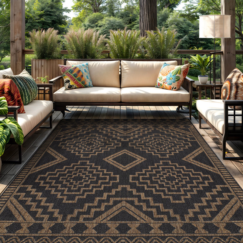 Geometric Border Dark Gray/Natural Easy-Care Jute-Style Indoor/Outdoor Flat Woven Area Rug, Rectangle 6'7" x 9', Dark Gray