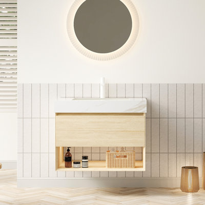 Meuble-lavabo de salle de bain 30 po avec lavabo en céramique incrusté, armoire de rangement en contreplaqué flottant, rangement de tiroir et de tablette, éclairage à DEL à détection automatique, surface en pierre frittée dorée, capteur