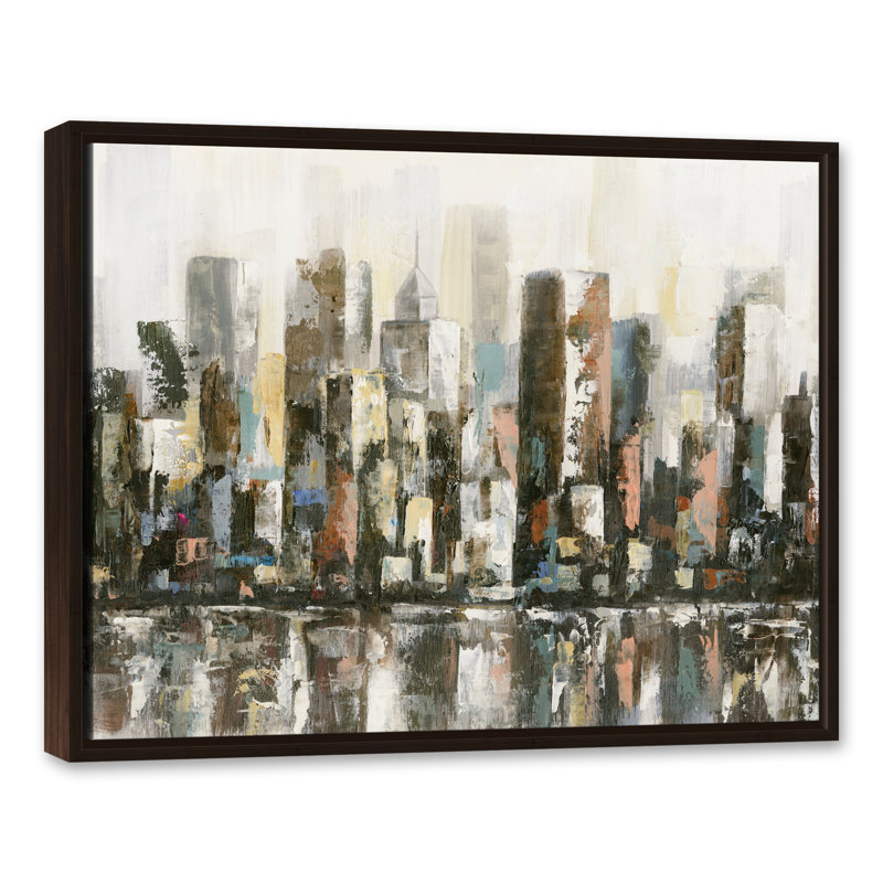 Paysage urbain réfléchissant - Peinture, H 25,75 po x l 31,75 po x P 1,75 po, Toile brune avec cadre flottant