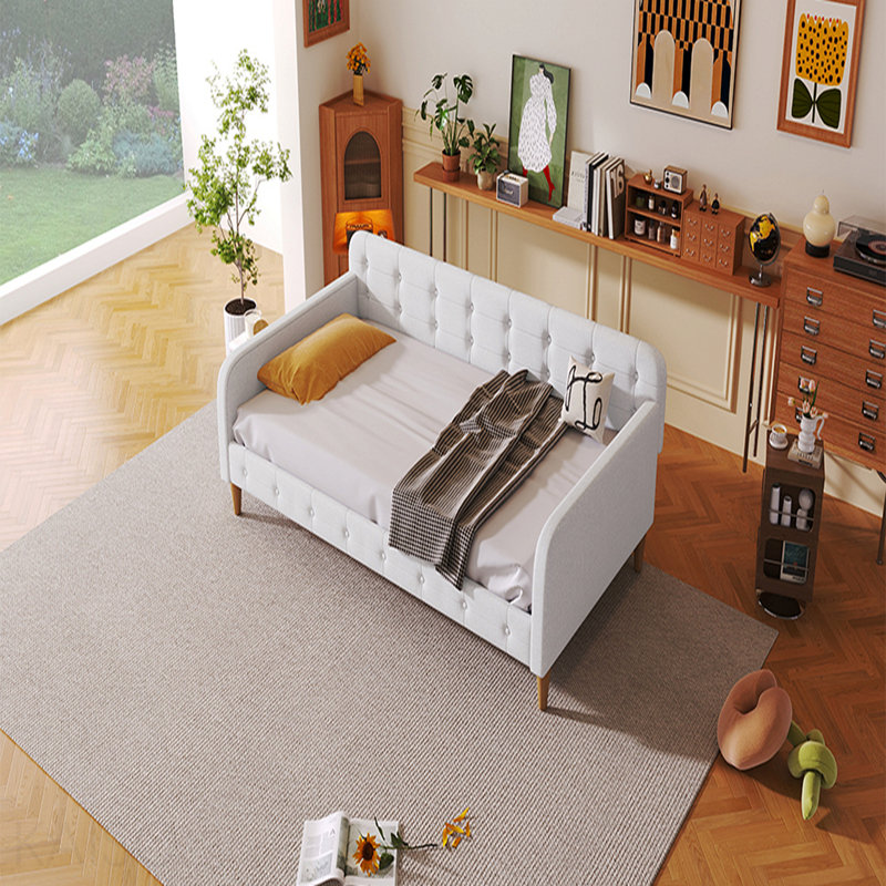 Lit de jour simple rembourré avec 4 pieds de soutien, beige, Beige