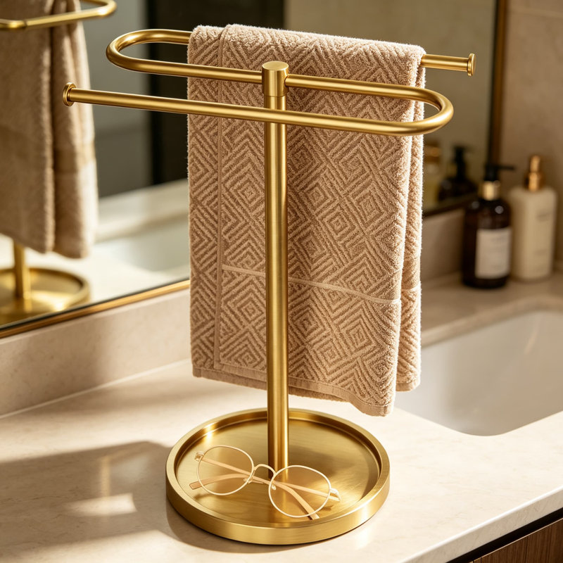 Porte-serviettes doré, porte-serviettes de comptoir en acier inoxydable en forme de S pour salle de bain et cuisine, barre porte-serviettes autoportante pouvant contenir deux serviettes, base antidérapante, montage facile