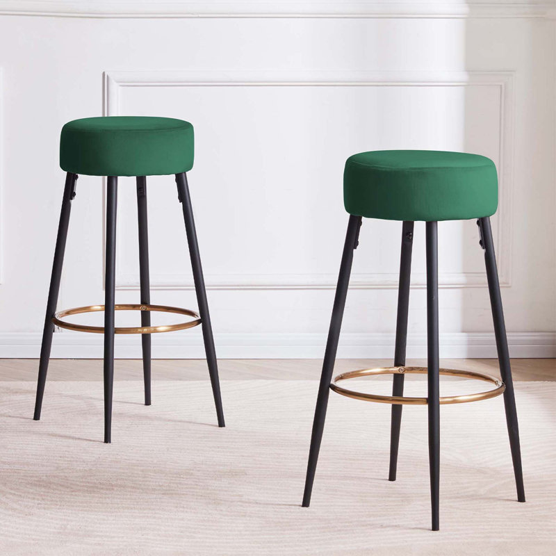 Modern Velvet Bar Stool with Gold Footrest and Black Metal Legs, Counter Height Kitchen Stool, Dark Green