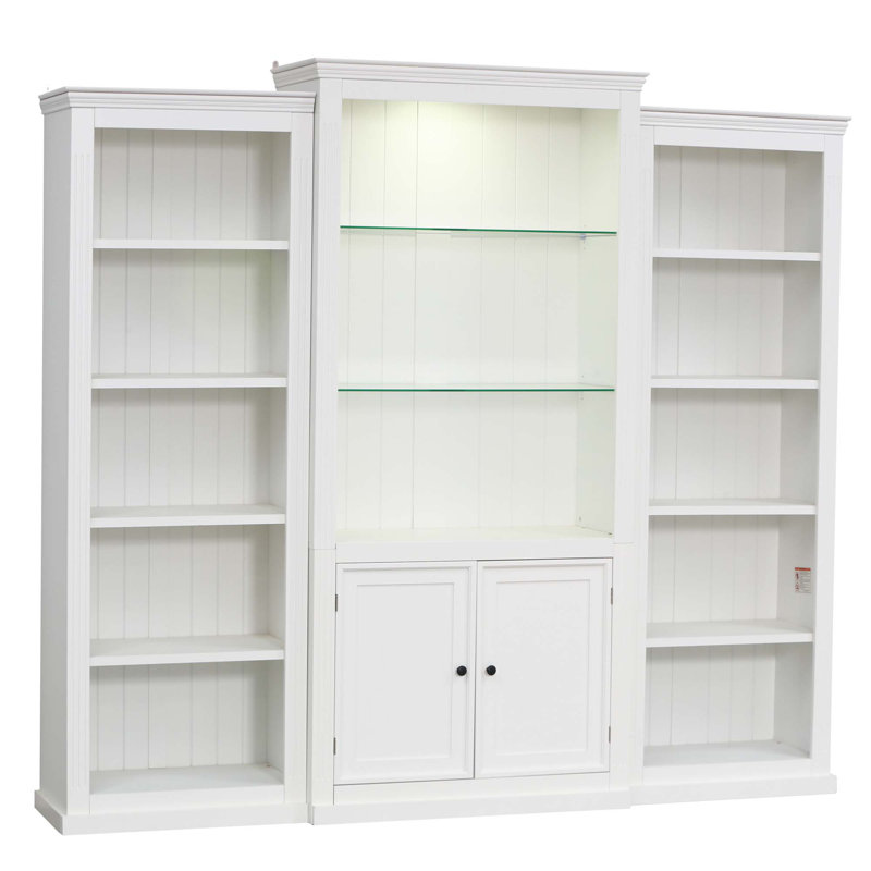 3-Pieces Bookcase Display Cabinet With 5 Colors Adjustable LED Ceiling Light, Retro Style Bookshelves With Tempered Glass Shelves For Living Room,Office,Studio Or Workspace
