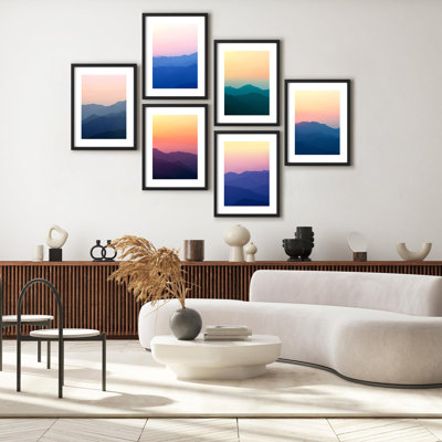 Reproduction d'art encadrée encadrée, dégradé montagne coucher de soleil, paysage coloré, illustrations modernes décoratives pour salon, chambre à coucher, bureau