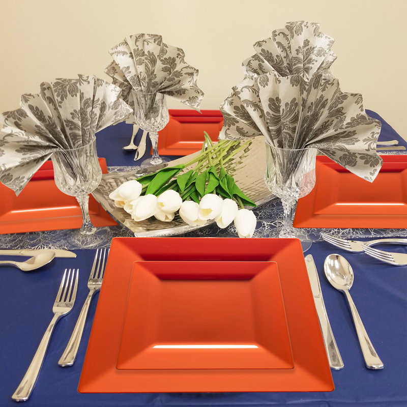 Assiettes carrées en plastique orange brûlé, lot de 120.