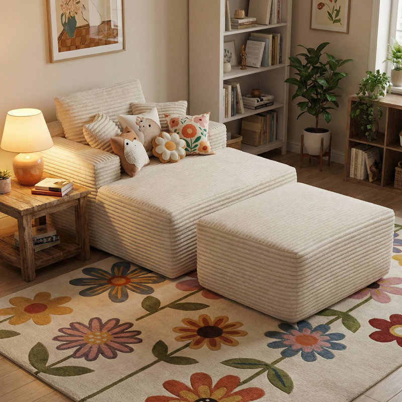 47" Corduroy Compression Sofa with Ottoman, No Assembly Required, Foam & Independent Pocket Springs, Beige